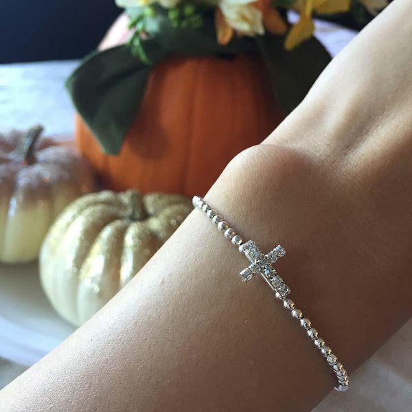 Tiny Dainty Silver Beaded Cross Bracelet