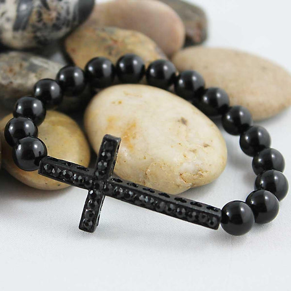 Unisex Spiritual Black Onyx Sideways Cross Bracelet