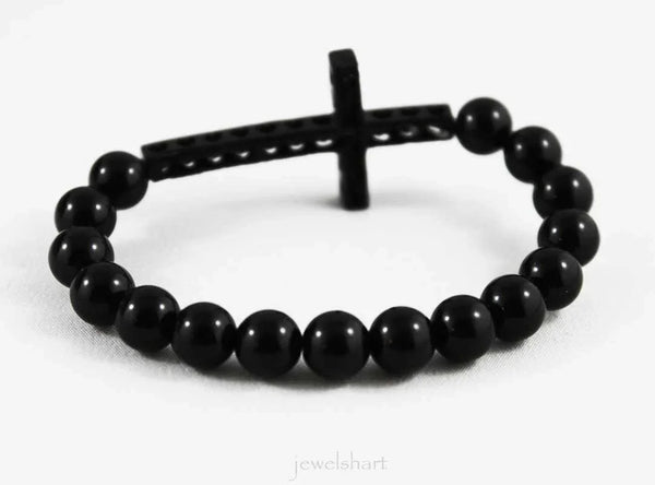 Unisex Spiritual Black Onyx Sideways Cross Bracelet