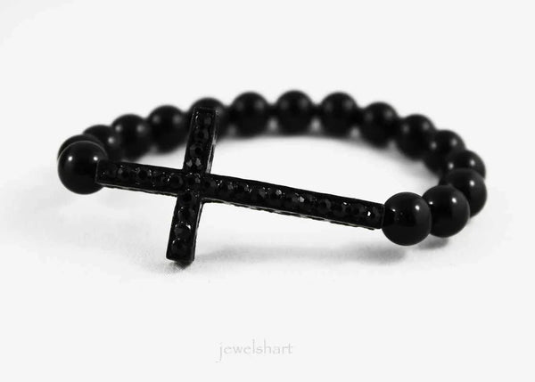 Unisex Spiritual Black Onyx Sideways Cross Bracelet