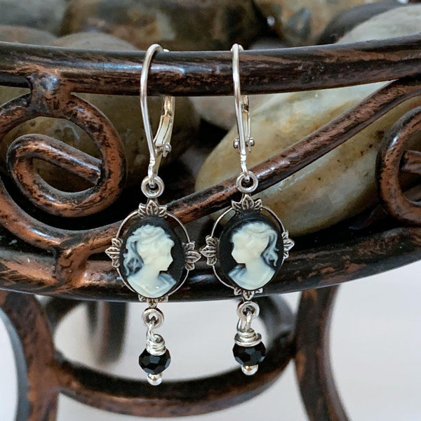 Victorian Black Cameo Dangle Earrings