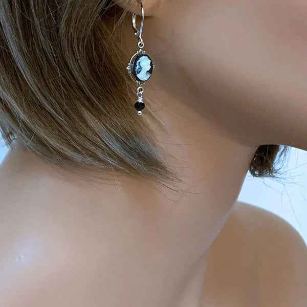 Victorian Black Cameo Dangle Earrings