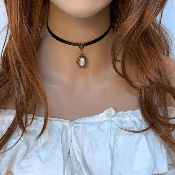 Victorian Black Ribbon Cameo Choker