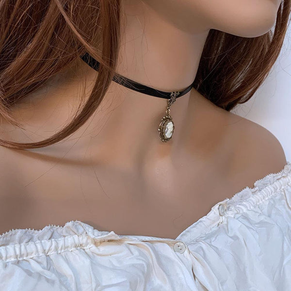 Victorian Black Ribbon Cameo Choker