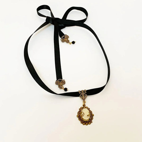 Victorian Black Ribbon Cameo Choker
