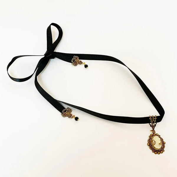 Victorian Black Ribbon Cameo Choker