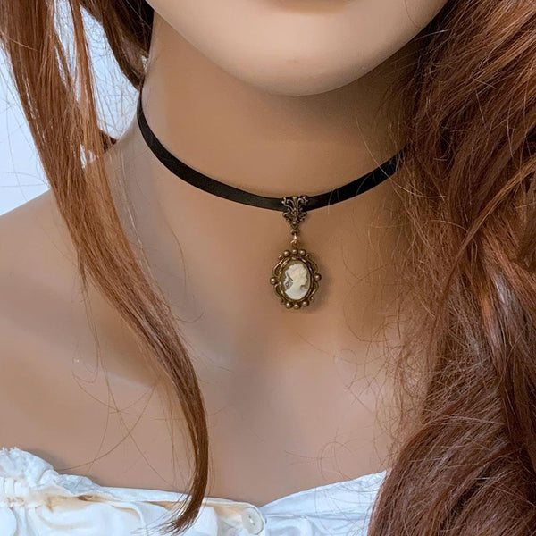 Victorian Black Ribbon Cameo Choker
