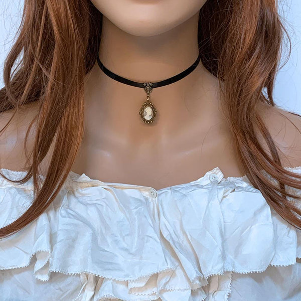 Victorian Black Ribbon Cameo Choker