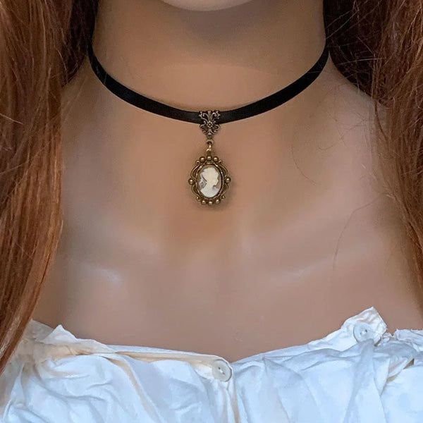 Victorian Black Ribbon Cameo Choker