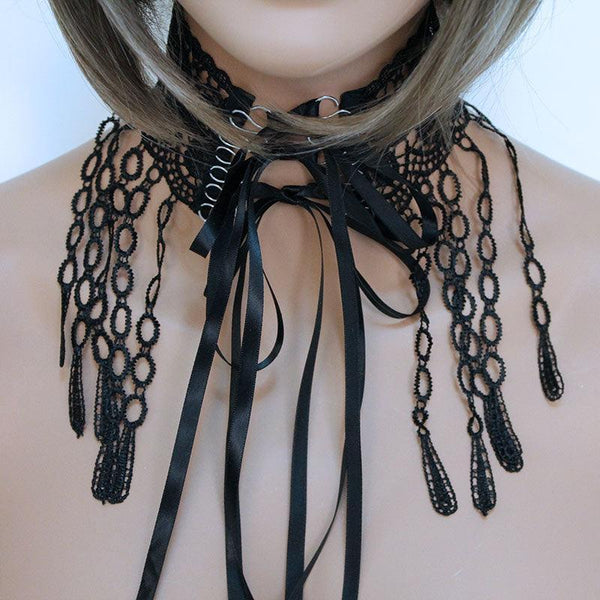 Victorian Choker Necklace, Black Wide Lace Ribbon