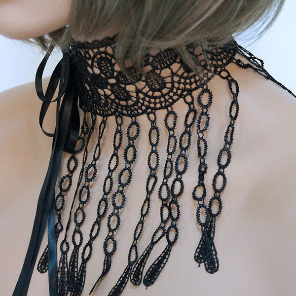Victorian Choker Necklace, Black Wide Lace Ribbon