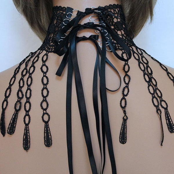 Victorian Choker Necklace, Black Wide Lace Ribbon