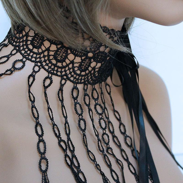 Victorian Choker Necklace, Black Wide Lace Ribbon