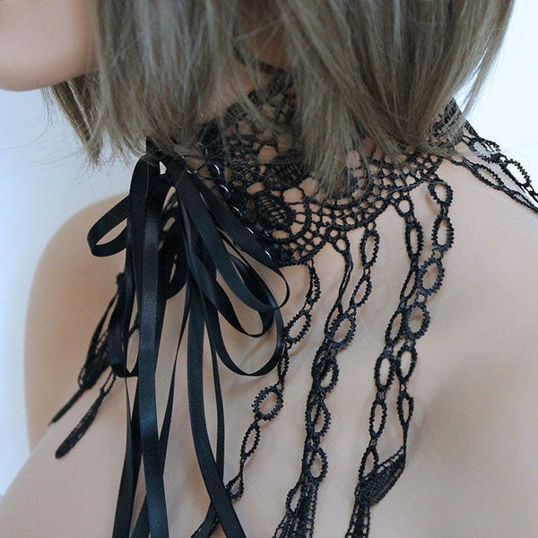 Victorian Choker Necklace, Black Wide Lace Ribbon