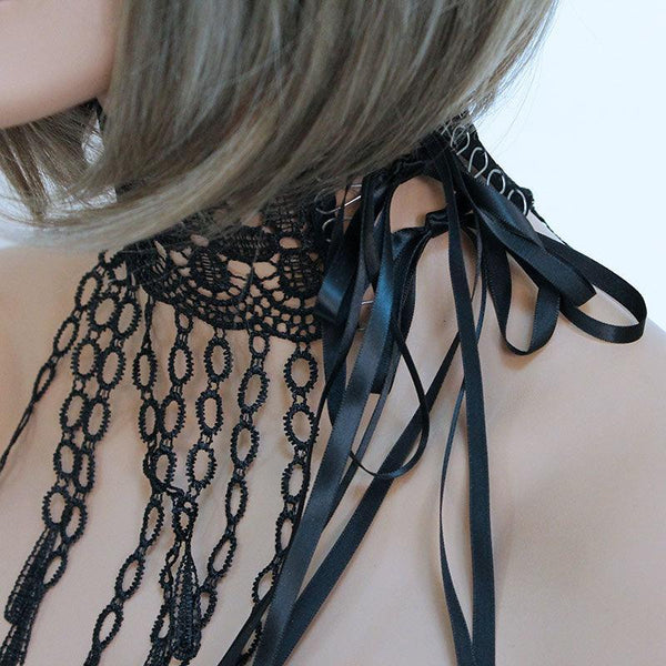 Victorian Choker Necklace, Black Wide Lace Ribbon