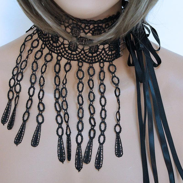 Victorian Choker Necklace, Black Wide Lace Ribbon