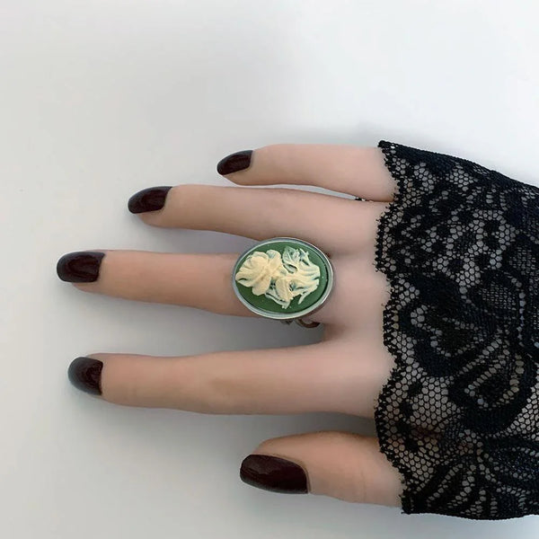 Victorian Green Floral Cameo Silver Ring