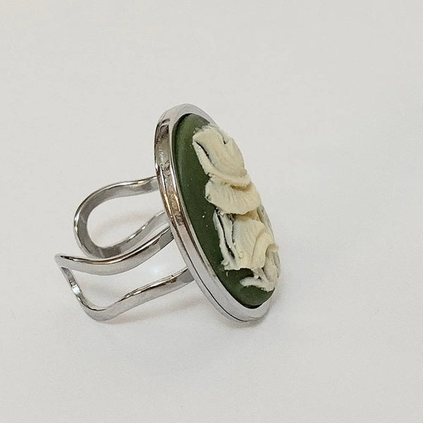 Victorian Green Floral Cameo Silver Ring