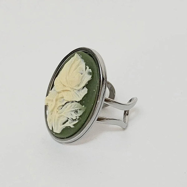 Victorian Green Floral Cameo Silver Ring