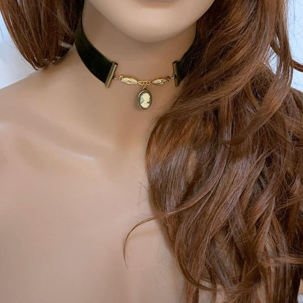 Victorian Green Velvet Cameo Choker
