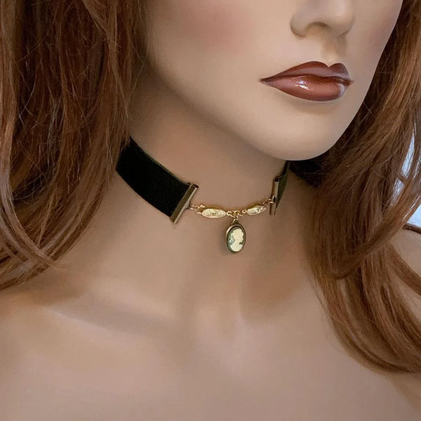 Victorian Green Velvet Cameo Choker