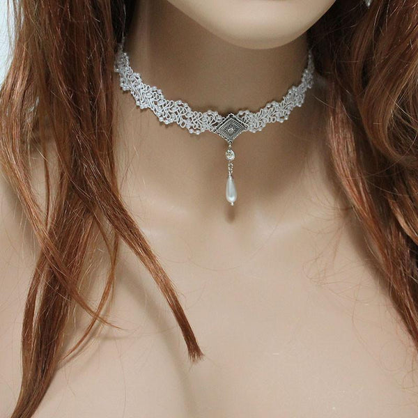 Victorian Pearl Lace Bridal Choker Necklace