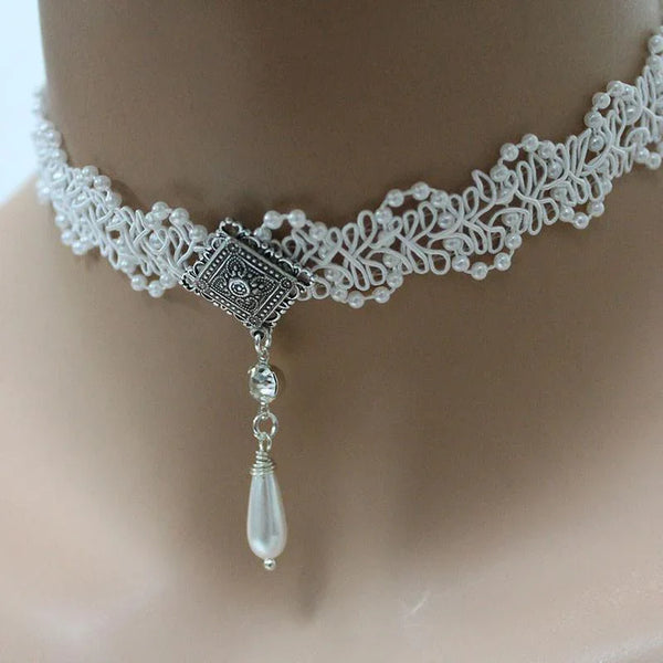 Victorian Pearl Lace Bridal Choker Necklace