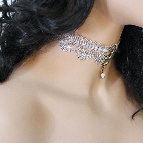 Victorian Scalloped Lace Brass Pendant Choker