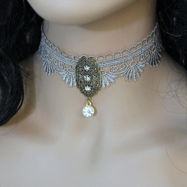 Victorian Scalloped Lace Brass Pendant Choker