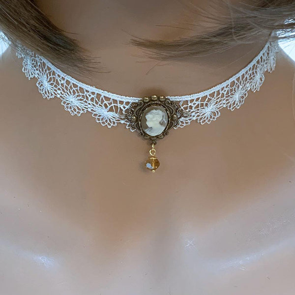 White Lace Victorian Cameo Choker