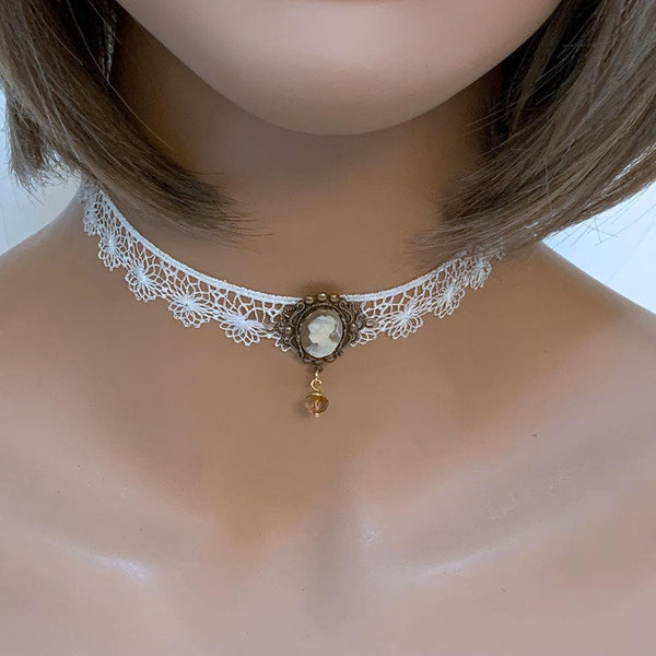 White Lace Victorian Cameo Choker