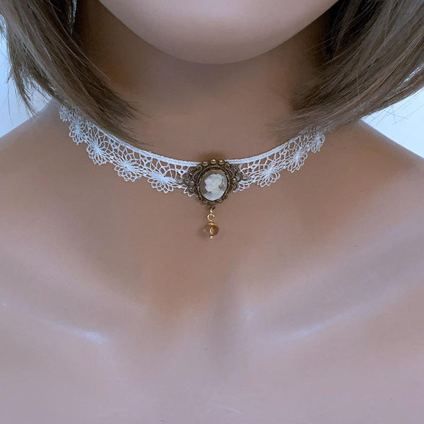 White Lace Victorian Cameo Choker