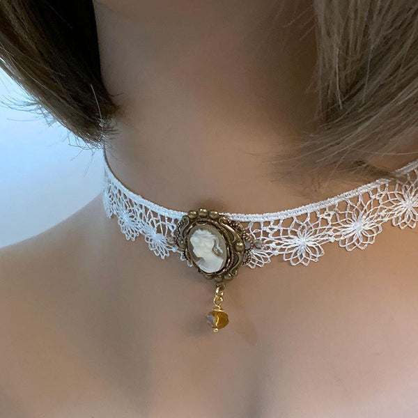 White Lace Victorian Cameo Choker