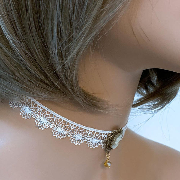 White Lace Victorian Cameo Choker