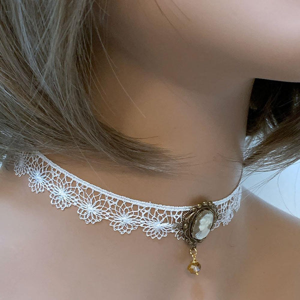 White Lace Victorian Cameo Choker