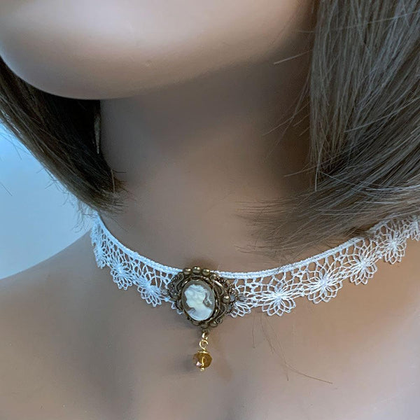 White Lace Victorian Cameo Choker