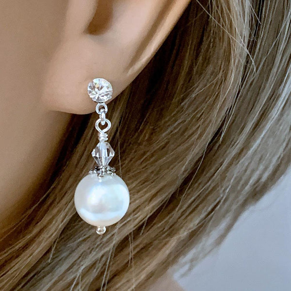 White Pearl and Crystal Victorian Post Drop Earrings