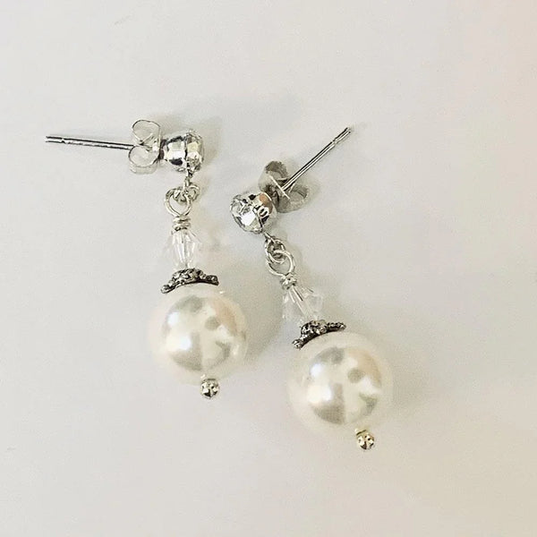 White Pearl and Crystal Victorian Post Drop Earrings